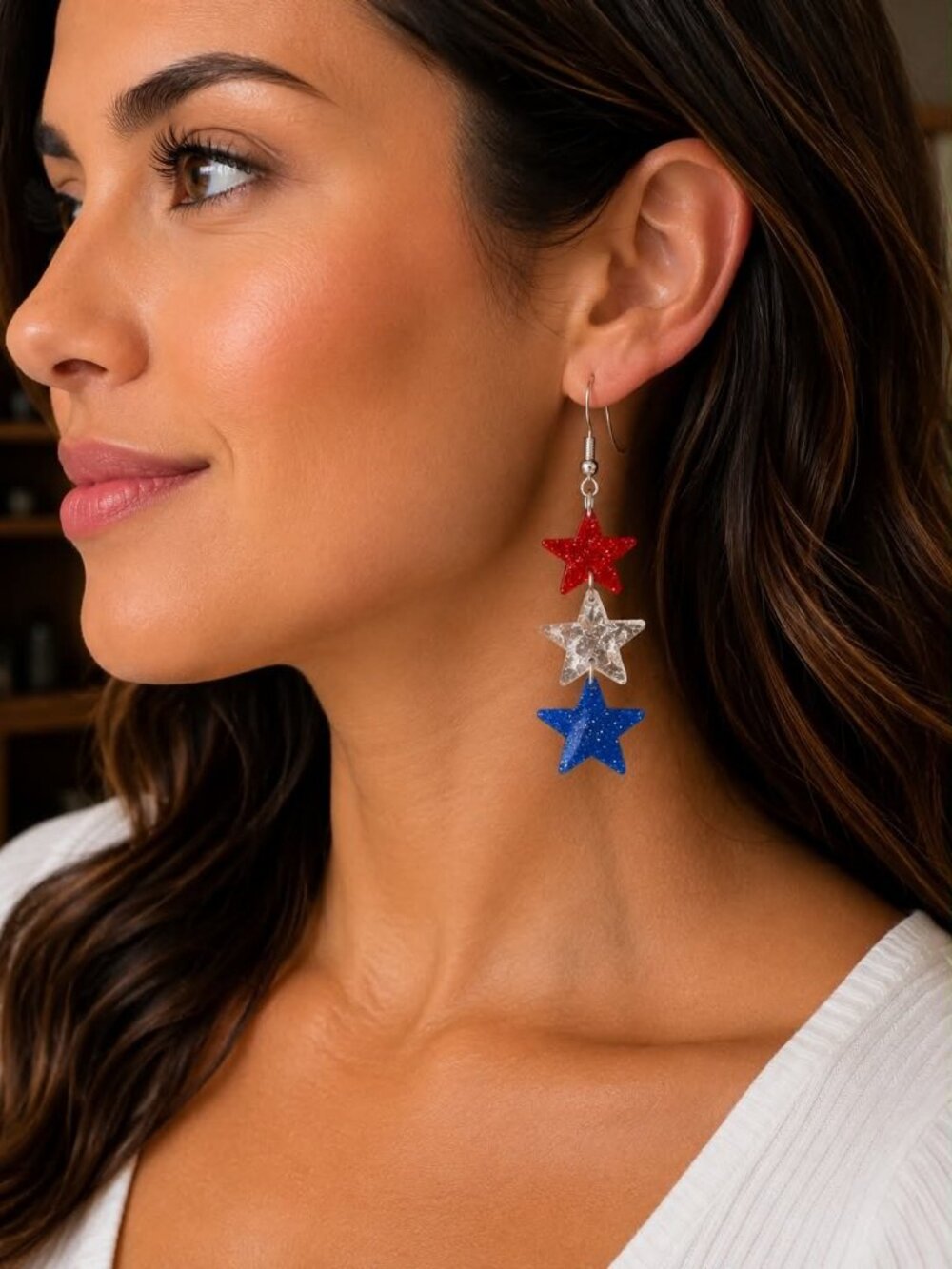 Patriotic Red White & Blue Star Dangle Earrings